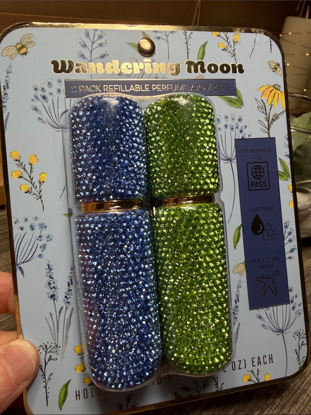 Wandering Moon Blue & Green Blingy Glitter Refillable Perfume Atomizers
